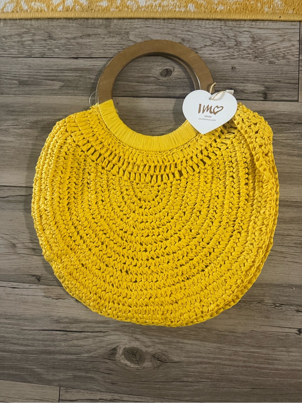 Beautiful Yellow Crochet Round Tote Bag with Wooden Handles